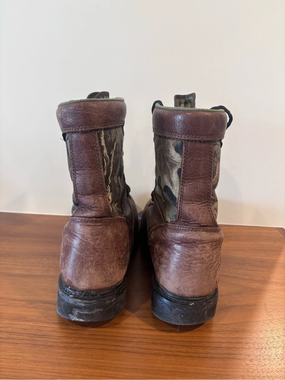 Wolverine size 12 Brown Leather Hunting Boots with Camo Collar